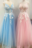 New Spaghetti Strap Floor Length A Line Tulle Prom Dress With Appliques Formal STIP3CZ9RMF