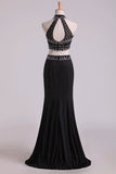 2024 Black Halter Two-Piece Beaded Bodice Mermaid Open Back Prom Dresses Spandex & Tulle Floor P4ZELFEL