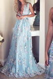 V-Neck Sleeveless Blue Tulle Appliques Long A-line Sleeveless Prom Dresses