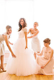 A-Line Short Sleeve Long Ivory Tulle Sweetheart Beaded Cute Backless Wedding Dresses