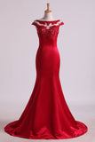 2024 Mermaid Prom Dresses Scoop Satin & Tulle Burgundy/Maroon With Beading Sweep PLREZ1Z6