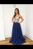 A Line Navy Blue Tulle Prom Dresses Spaghetti Back Crossed Straps PYGKEH6L