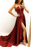 Elegant A line Strapless V Neck Burgundy Beads Prom Dresses with Slit, Party STI20412