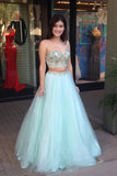 Cute Spaghetti Straps 2 Pieces Long Mint Beading Tulle Prom Gowns PDFQLQ4Z