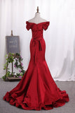 2024 Mermaid Satin Off The Shoulder With Sash And Slit Sweep Train P6RXM358