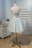 Cute Blue Strapless Tulle Homecoming Dresses with 3D Flowers Lace up Dance Dresses STI14970