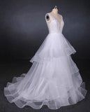 Elegant V-neck Tulle Open Back Wedding Dresses, Asymmetrical Long Bridal Dresses STI15217