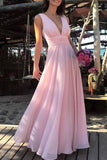 Flowy Simple Cheap Long V-Neck Pink Prom Dresses P1MX2QR6