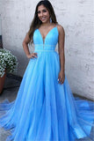 A Line Sky Blue Spaghetti Straps V Neck Tulle Prom Dresses, Cheap Evening Dresses STI15554