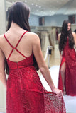 Sparkly V Neck A Line Red Spaghetti Straps Prom Dresses with Slit, Evening STI20447