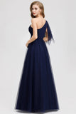 Simple A Line One Shoulder Navy Blue Tulle Prom Dresses Cheap Formal Dresses STI15382