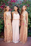 Cheap Pink Lace Sparkly Sequin Gold Mismatched Bridesmaid Dresses, Long Prom Dresses STI15129