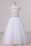 2024 Floor Length Boat Neck Beaded Bodice Flower Girl Dresses Tulle Lace PZ9JRDEB