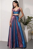 Two Pieces V Neck Straps V Back Floor Length Prom Dresses Long Party Dresses STI15447