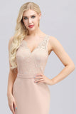 Elegant V-Neck Floral Lace Pink Evening Dress Satin Prom Dresses STI15216