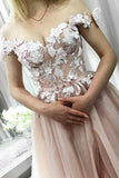 A Line Off the Shoulder Sweetheart Beads Tulle Pink Prom Dresses with Applique STI15007