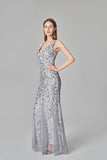 Sexy V Neck Silver Mermaid Prom Dresses, Embroidered Sequins Long Evening Dresses STI15368