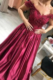 Burgundy Prom Dress Satin Ball Gown Off-The-Shoulder P4JPML8D