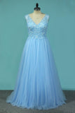 2024 Tulle V Neck Prom Dresses A Line With Applique And Beads PK8K79PC