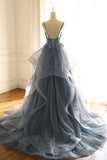 Spaghetti Straps Blue Gray Tulle V Neck Long Ruffles Prom Dresses with Lace Applique STI15411