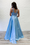 Flowy A-line V Neck Lace Long Prom Dresses Blue Satin Open Back Evening Party Dresses STI15229