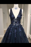 Black Deep V Neck Appliqued Prom Dresses See Through Floor Length PSDLH25Q