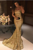 Sexy Mermaid Sequins Strapless Long Evening Dresses, Simple Prom STI20437