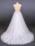 A Line Straps V Neck Lace Appliques Tulle Wedding Dresses Long Wedding Gowns STI15034