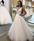 A Line V-neck Long Tulle Wedding Dress with Appliques, Cheap Bridal Dresses STI15045