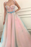 Stunning Applique A-Line Spaghetti Straps Tulle Sweetheart Prom Dresses PPQ1PX7X