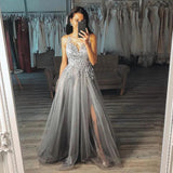 Chic Grey A Line V Neck Long Appliques Tulle Prom Dresses with Side Slit, Formal Dresses STI15131