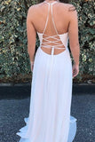 Beauty Flowy White Embroidery V-Neck Prom Dresses PBZ42YK4