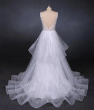 Elegant V-neck Tulle Open Back Wedding Dresses, Asymmetrical Long Bridal Dresses STI15217