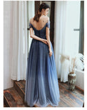 Charming A Line Blue Ombre Tulle Prom Dresses with Open Back, Evening STI15622