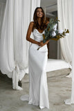 Elegant Mermaid Cowl Neckline White Simple Wedding Dresses, Spaghetti Straps Bridal Dress STI15177