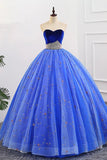 Ball Gown Sweetheart Strapless Blue Prom Dresses with Beading, Tulle Quinceanera Dresses STI15073