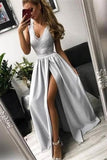 Front Split Sliver Lace Satin Long V-Neck Charming Elegant Prom Dresses PPZF54DX