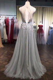 A Line Tulle Beads 3D Flowers Round Neck Long Prom Dresses PMQZJ25Z