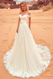 Charming Off The Shoulder Tulle Long Beach Wedding Dress With STIPYAQGZNX