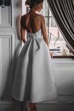 A-Line Tea-Length White Prom Dress with Pockets