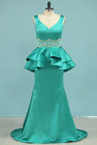 2024 Satin Prom Dresses Mermaid V Neck With PHCQFL4F