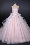 Ball Gown Strapless Sweetheart Wedding Dresses with Lace Applique, Tulle Prom Dresses STI15070