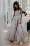 Sparkly Sweetheart Silver Long Prom Dresses Sequins Beads Formal Dresses STI15432