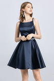 A-Line Spaghetti Strap Sleeveless Open Back Satin Homecoming Dress