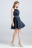 A-Line Spaghetti Strap Sleeveless Open Back Satin Homecoming Dress