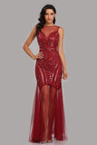 See Through Burgundy Mermaid Bateau Prom Dresses with Beading Tulle Party Dresses STI15324