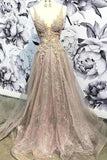 Spaghetti Straps V Neck Long Prom Dress With Appliques Glitter Long PNTQ3LMZ