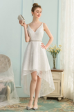 High Low V-Neck Asymmetrical Ivory Lace Homecoming Dress