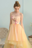 A-Line Sweetheart High Low Yellow Stretch Satin Homecoming Dress with Appliques