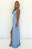 A-Line V Neck Criss Cross Light Blue Chiffon Long Prom Dresses with Split, Formal Dresses STI15053